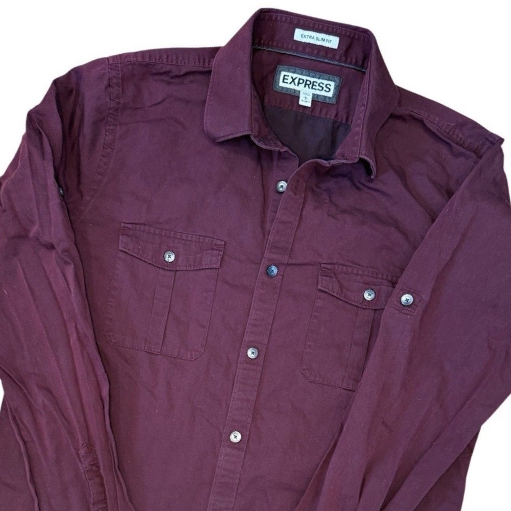 Express Mens Burgundy Extra Slim Fit Long Sleeve Button Down Shirt Size Large